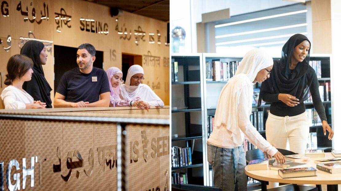 Barakat Aldammad och ungdomar på ett bibliotek.