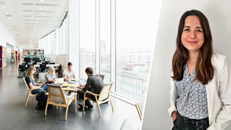 Porträtt på Despina Gerasimidou och ett bibliotek.