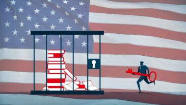 Böcker i en bur med USA:s flagga i bakgrunden.