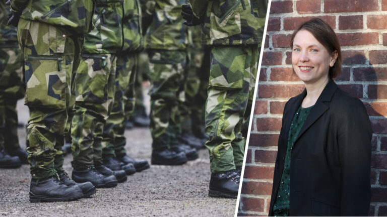 Porträttbild på Ann-Christin Karlén Gramming vid sidan av en bild på militärer.