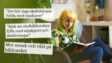 En person sitter och läser och på bilden finns utklippta citat från en tre debattartiklar om Bokktok.
