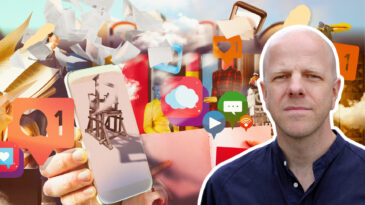 Porträttbild på Martin Gelin mot en illustrerad bakrund på mobiler och appar, likes och andra digitala symboler.