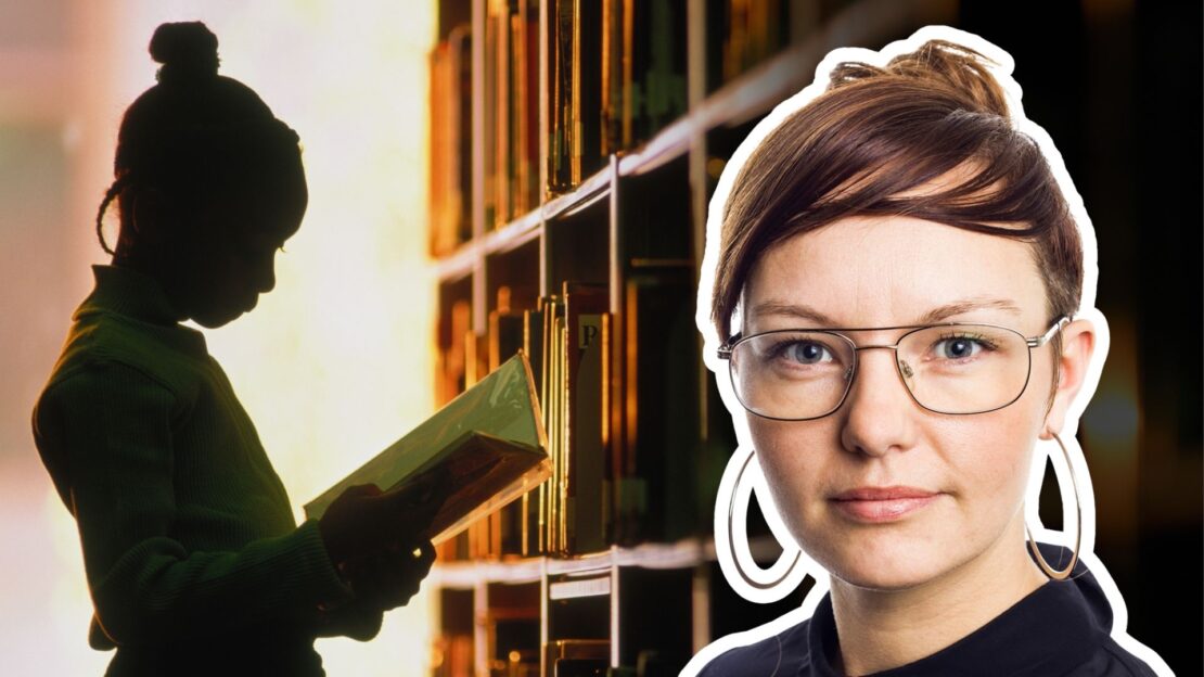 Porträttbild på Ulrika Centerwall, doktor i biblioteks- och informationsvetenskap på Bibliotekshögskolan, samt en bakgrundsbild på ett läsande barn för att illustrera artikeln om skolbibliotek.