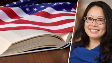 Porträtt på Maria McCauley och en bild på amerikanska flaggan liggande över en bok.